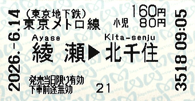 綾瀬駅から北千住駅ゆき普通乗車券