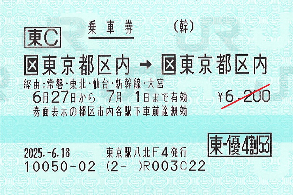 東京都区内から東京都区内ゆき普通乗車券