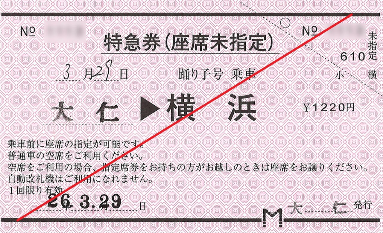 大仁駅から横浜駅ゆき座席未指定券