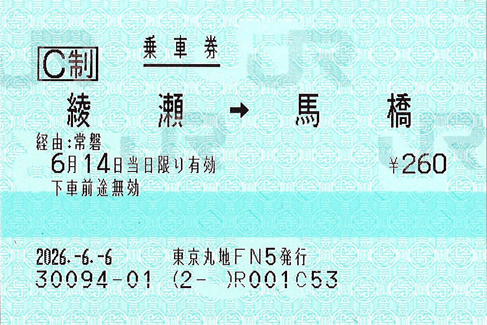 綾瀬駅から馬橋駅ゆき普通乗車券