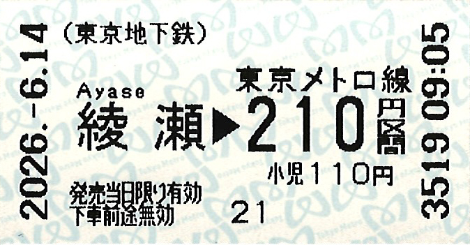 メトロ綾瀬駅から210円区間普通乗車券