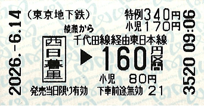 メトロ綾瀬駅から西日暮里駅乗り換え田端駅ゆき普通乗車券