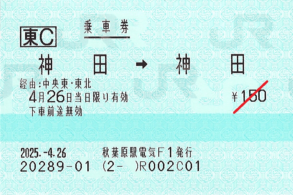 神田駅から神田駅ゆき普通乗車券