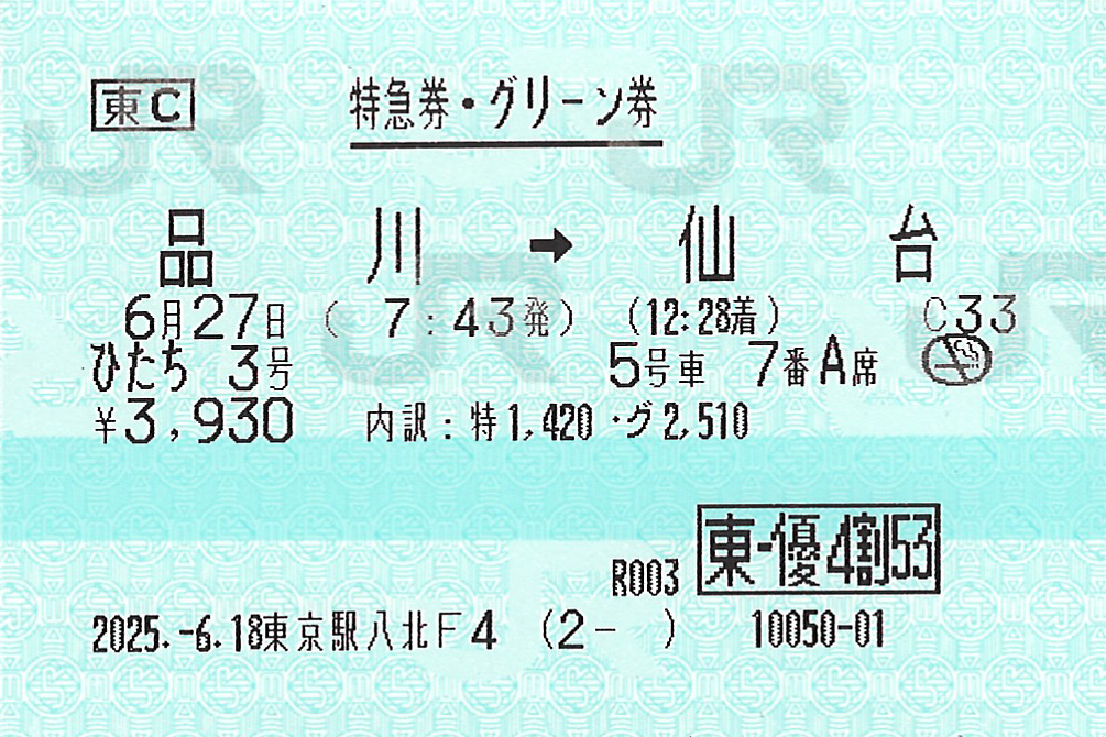 品川駅から仙台駅ゆき特急券