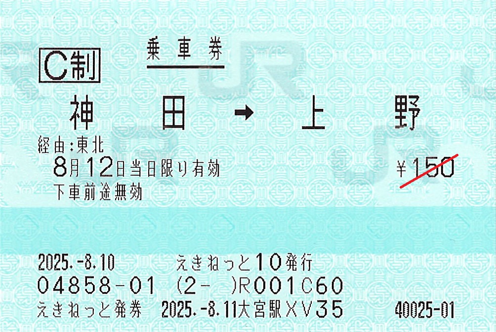神田駅から上野駅ゆき普通乗車券