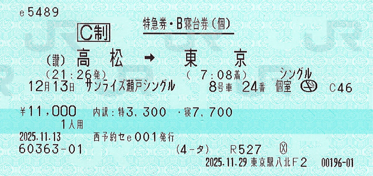 高松駅から東京駅ゆきB寝台券