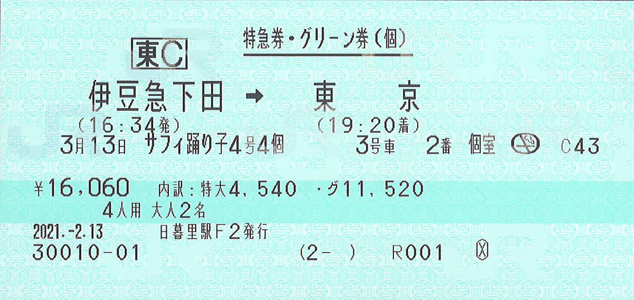 伊豆急下田駅から東京駅ゆきグリーン券