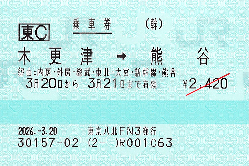 木更津駅から熊谷駅ゆき普通乗車券