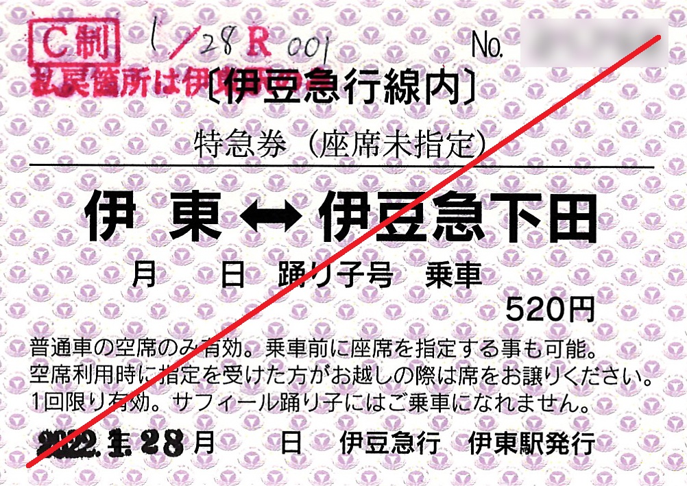 伊東駅から伊豆急下田駅ゆき特急券