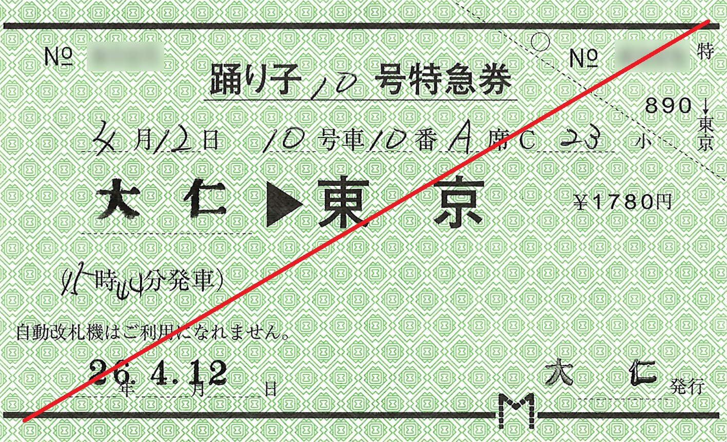 大仁駅から東京駅ゆき特急券