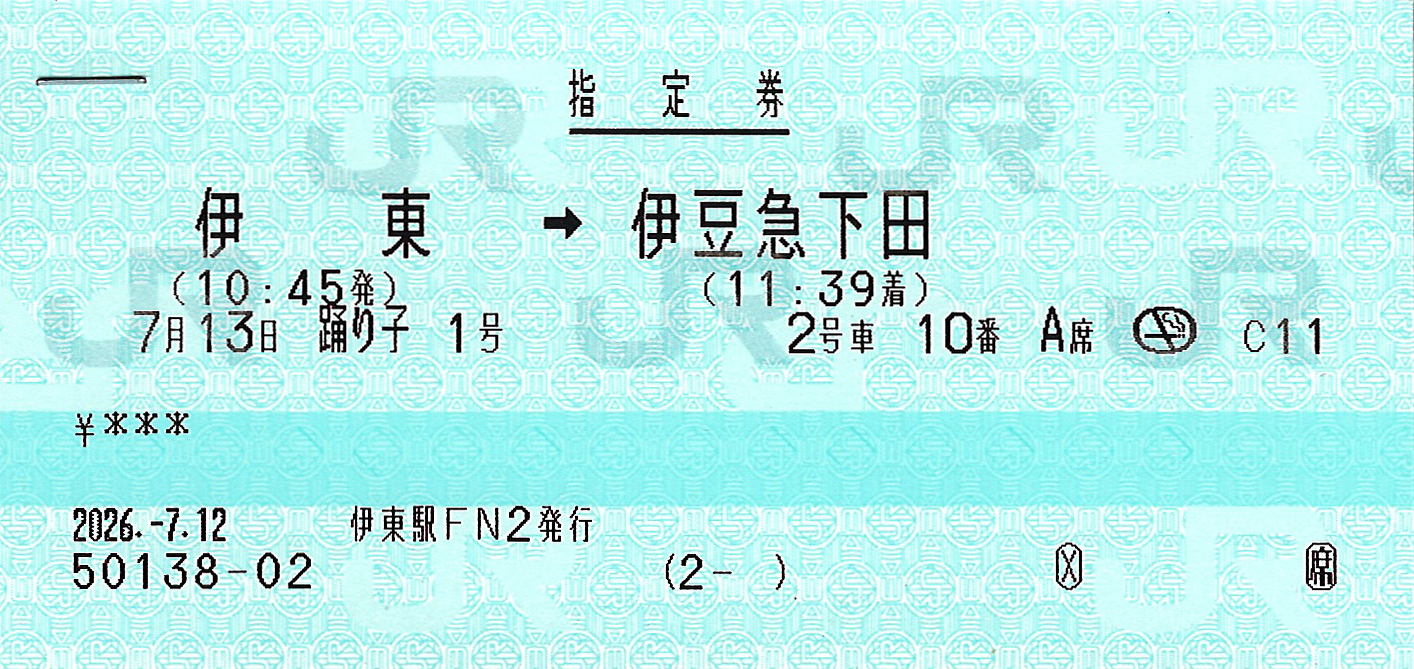 伊東駅から伊豆急下田駅ゆき特急券