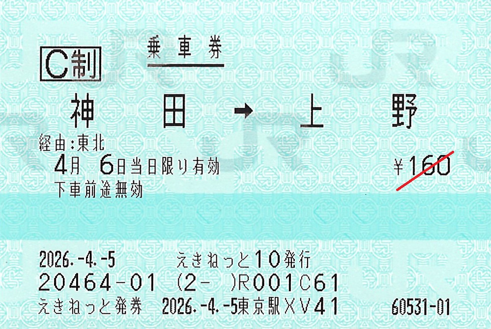 神田駅から上野駅ゆき普通乗車券