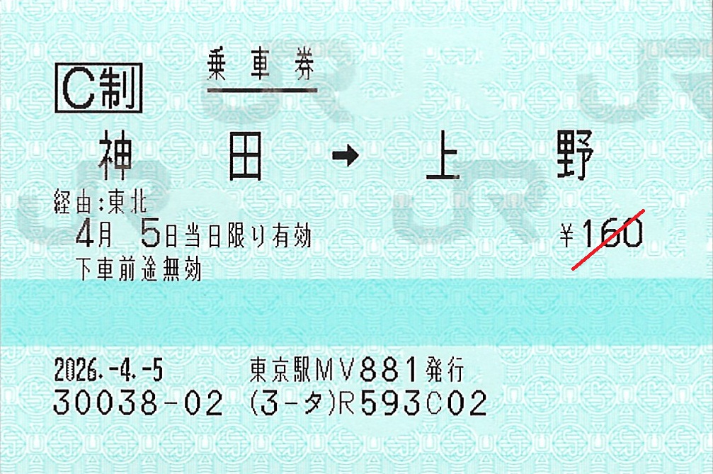 神田駅から上野駅ゆき普通乗車券