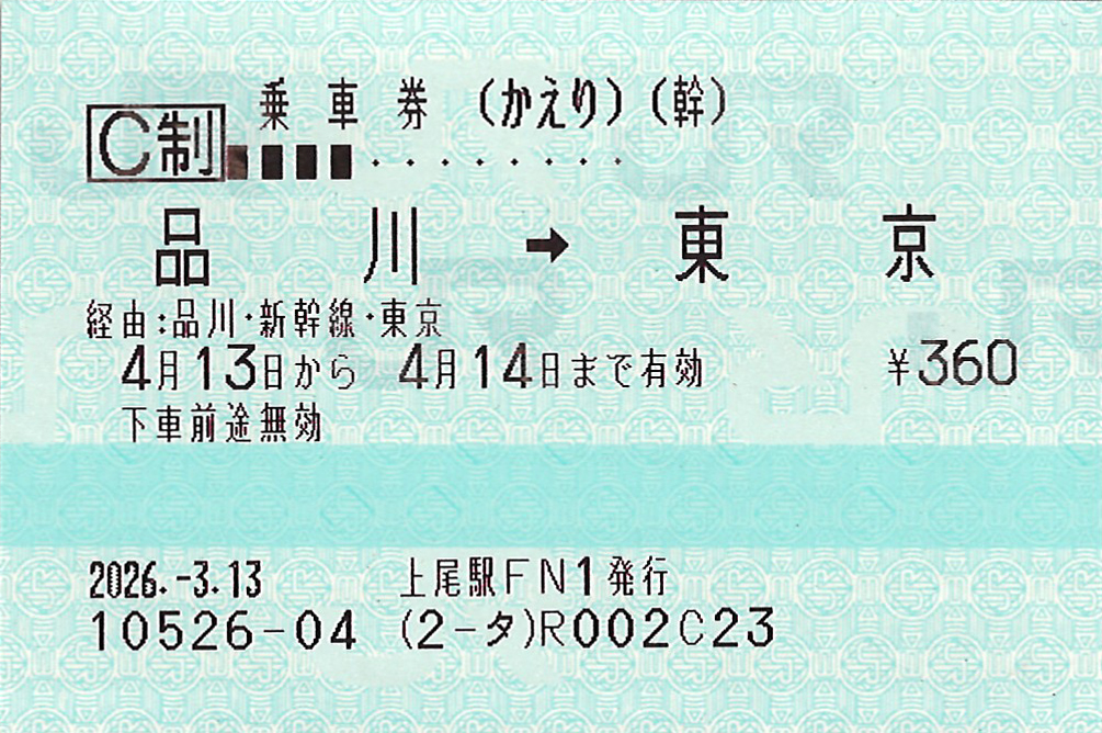東京駅から品川駅ゆき普通往復乗車券
