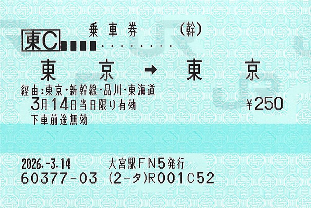 東京駅から東京駅ゆき普通乗車券
