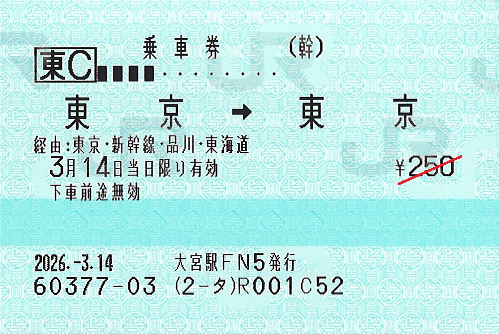 東京駅から東京駅ゆき普通乗車券