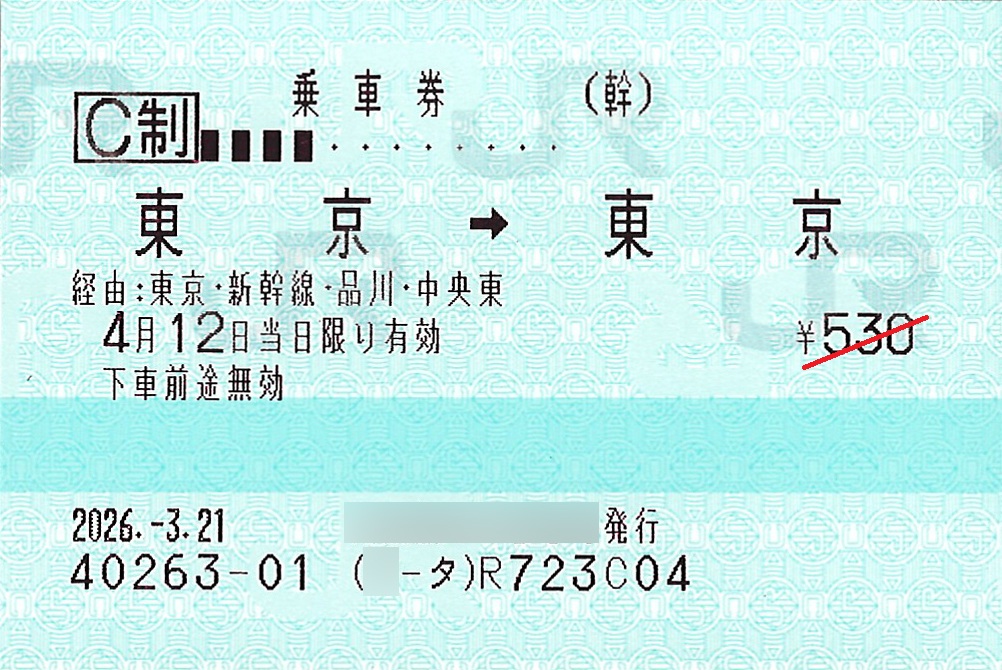 東京駅から東京駅ゆき普通乗車券