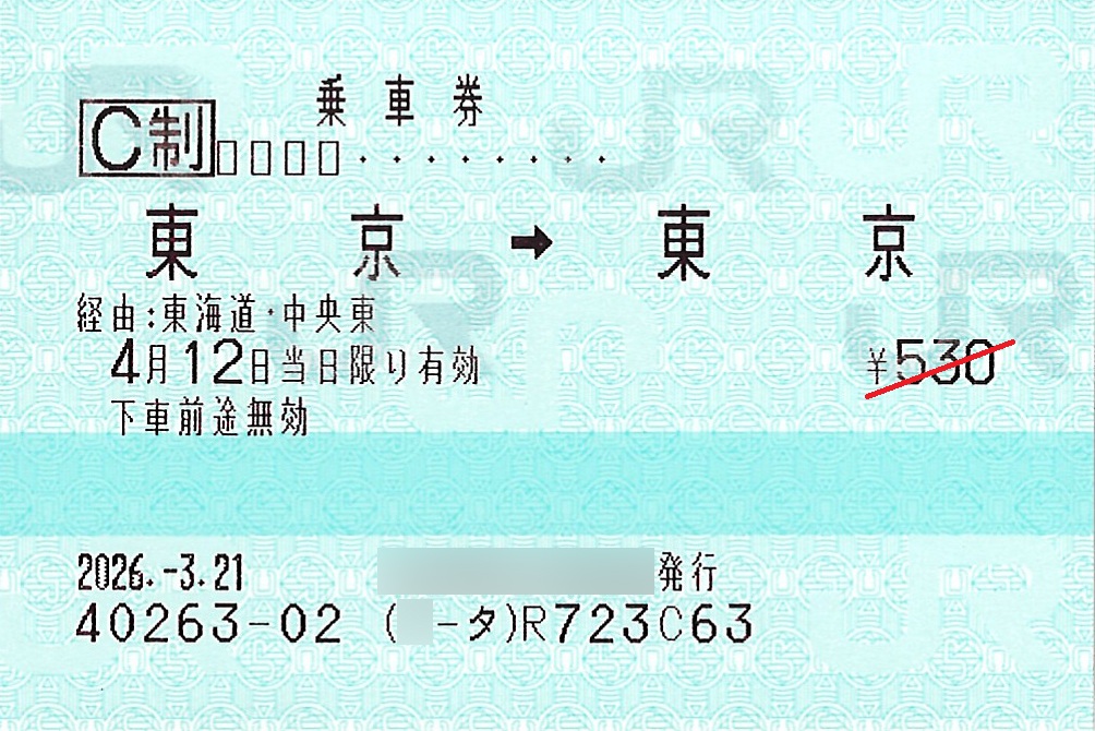 東京駅から東京駅ゆき普通乗車券