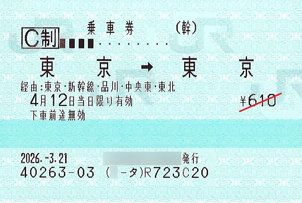 東京駅から東京駅ゆき普通乗車券