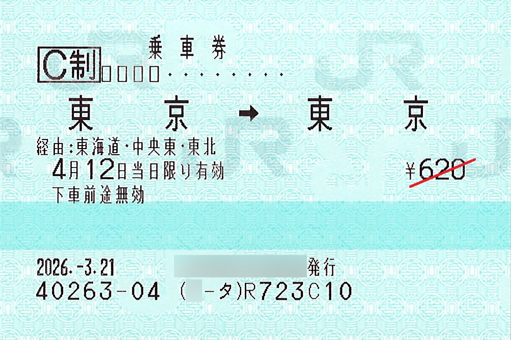 東京駅から東京駅ゆき普通乗車券