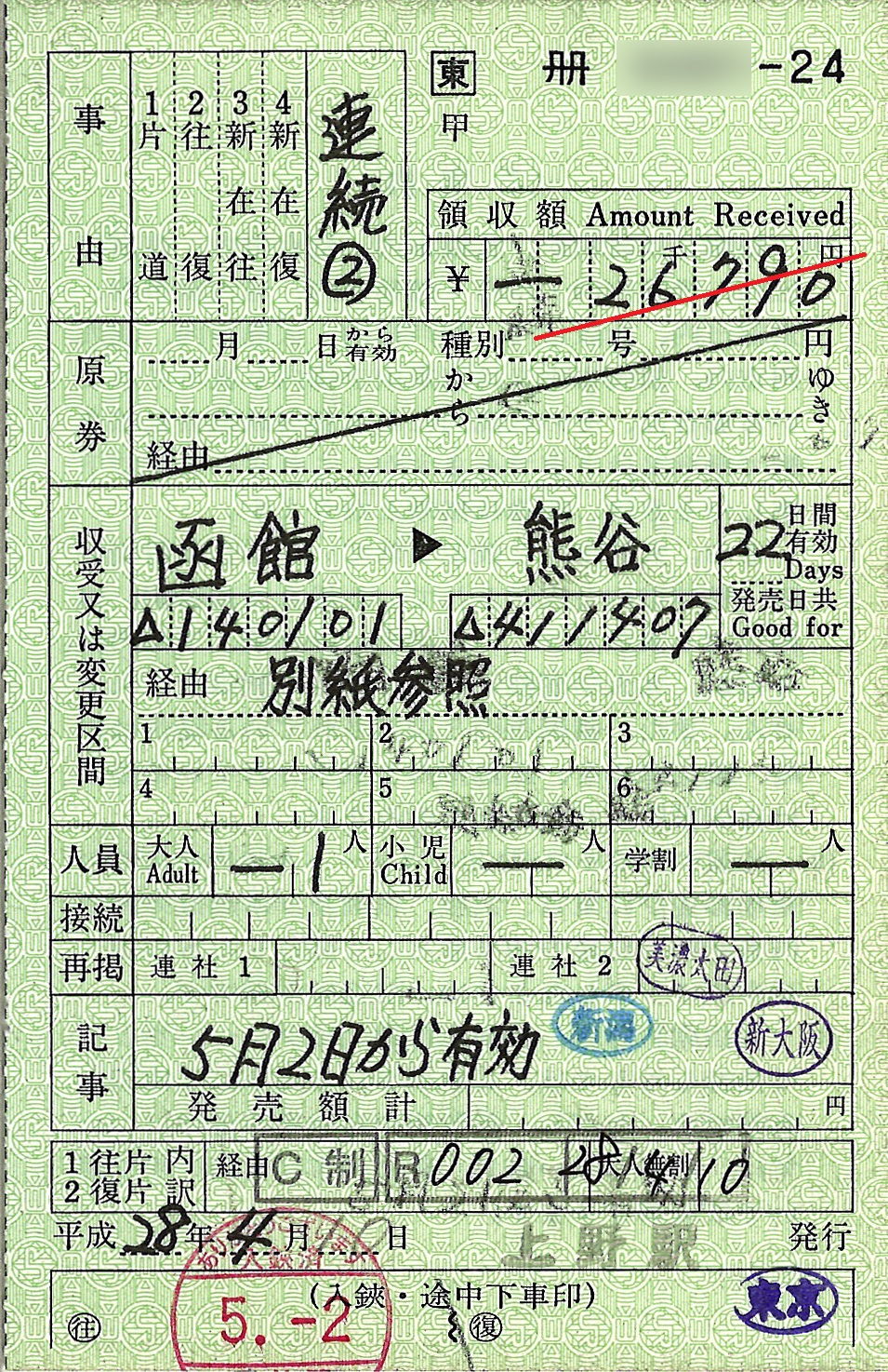 函館駅から熊谷駅ゆき連続乗車券