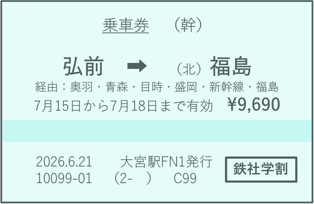 弘前駅から福島駅ゆき普通乗車券