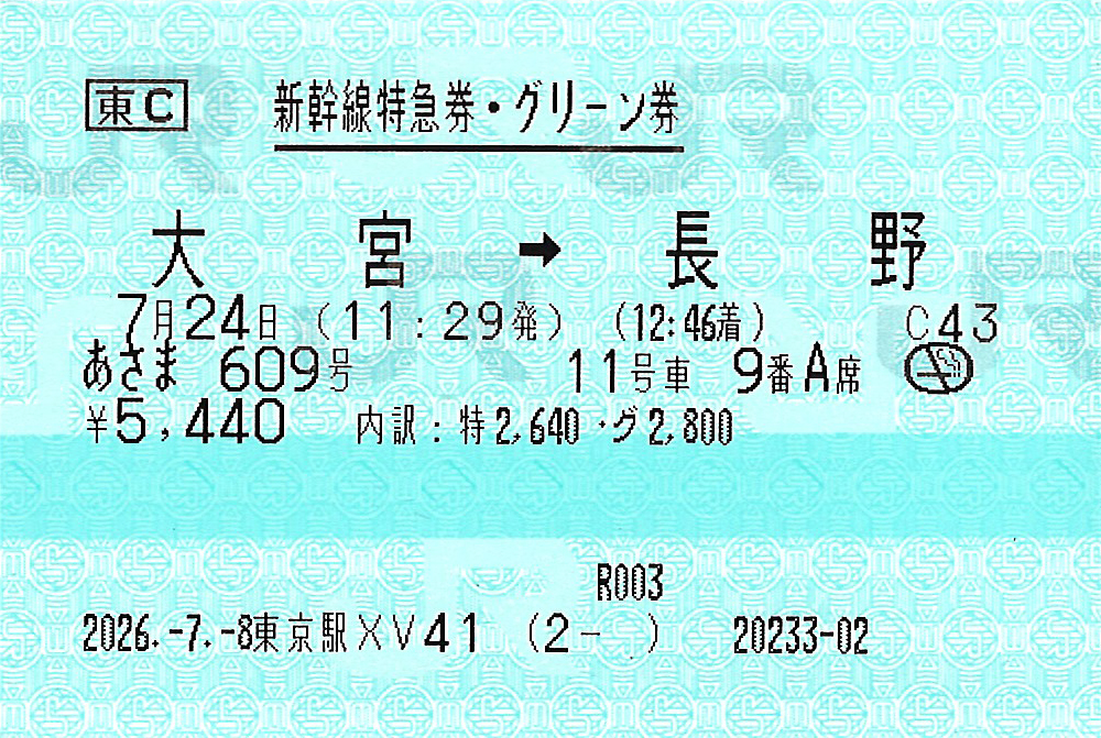 大宮駅から長野駅ゆき特急券・グリーン券
