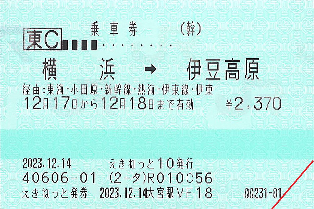 横浜駅から伊豆高原駅ゆき普通乗車券