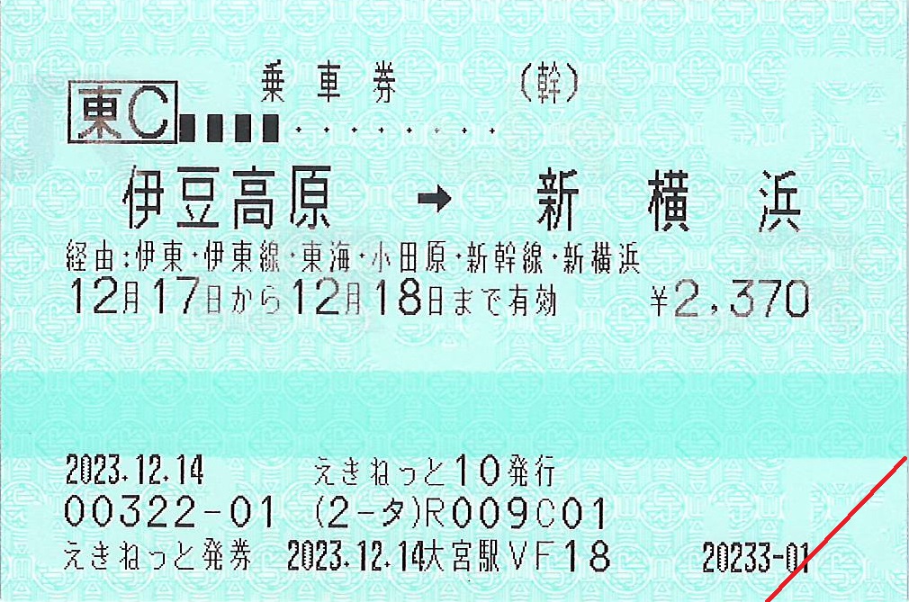 伊豆高原駅から新横浜駅ゆき普通乗車券