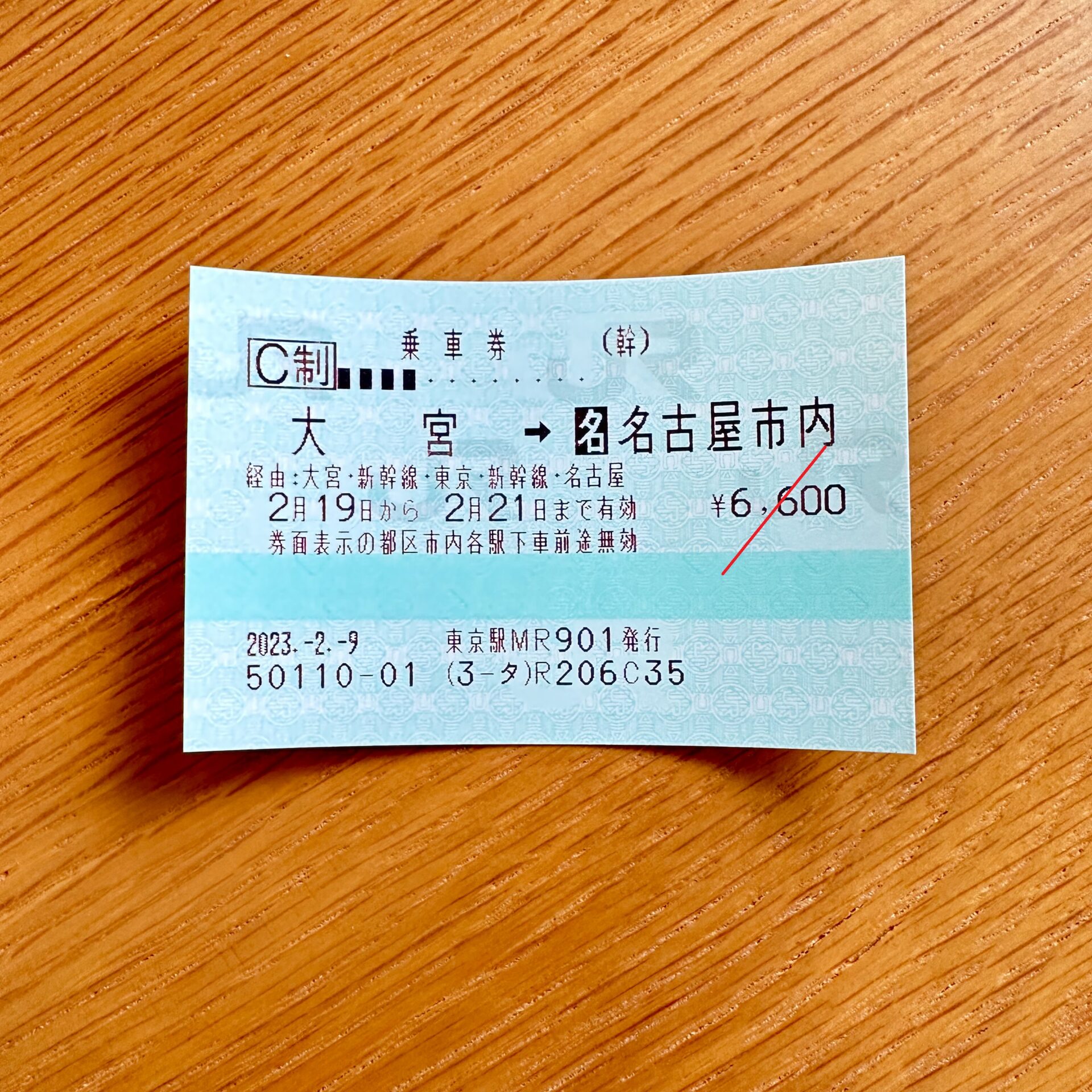大宮駅から名古屋市内ゆき普通乗車券