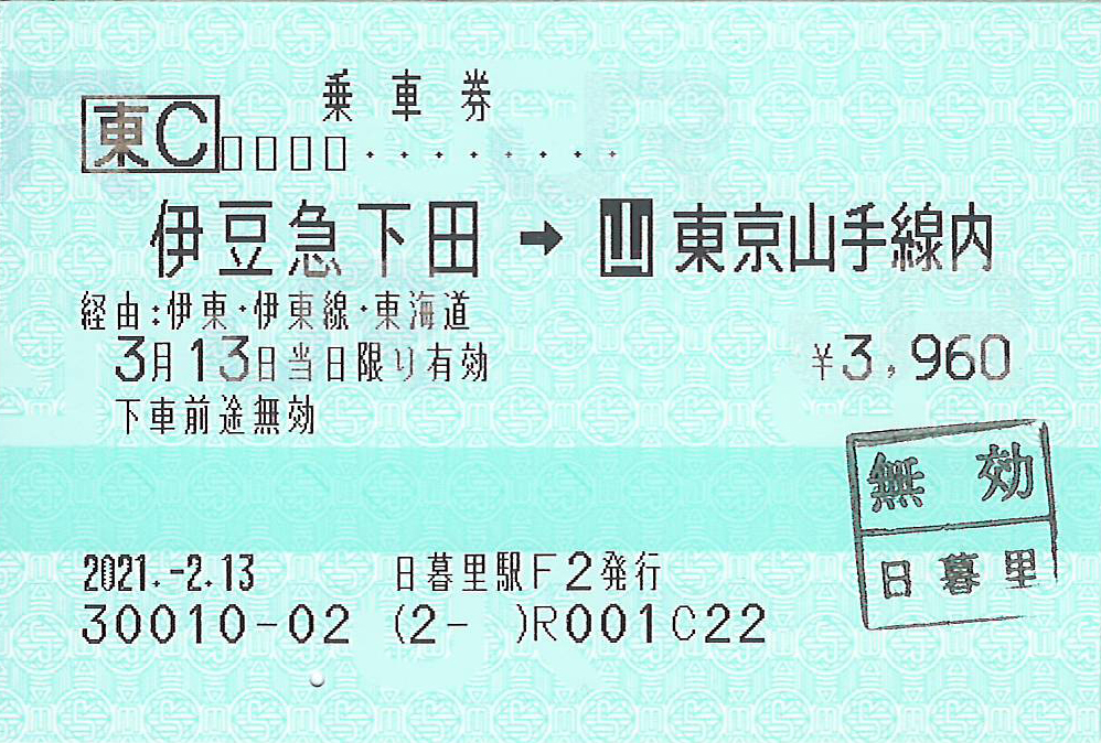 伊豆急下田駅から東京山手線内ゆき普通乗車券