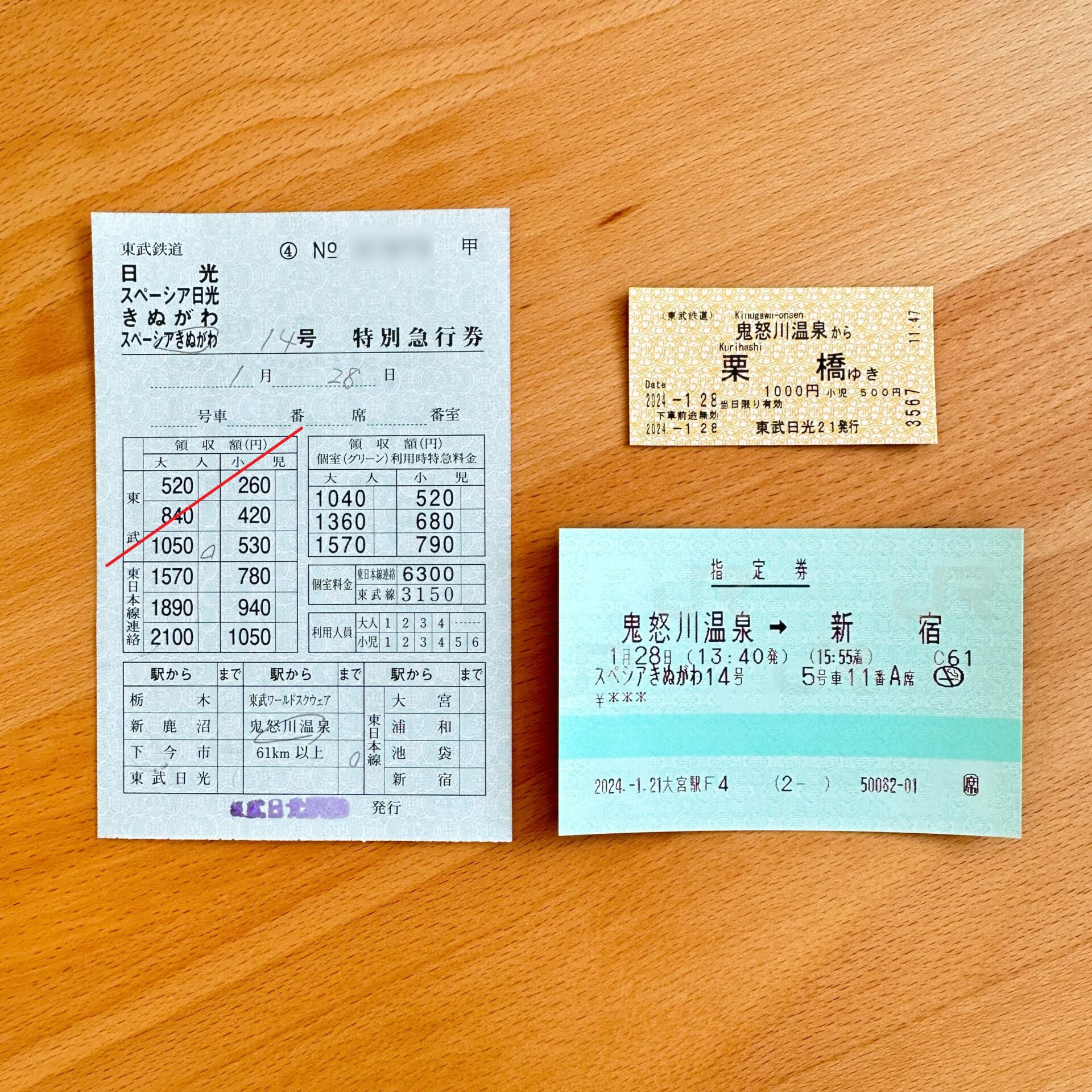 鬼怒川温泉駅から栗橋駅ゆき特急券と乗車券